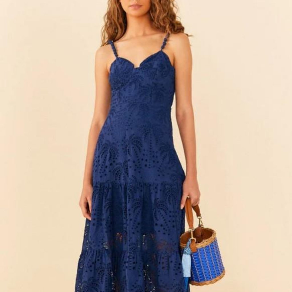 Farm Rio Deep Blue Palm Tree Richelieu Dress